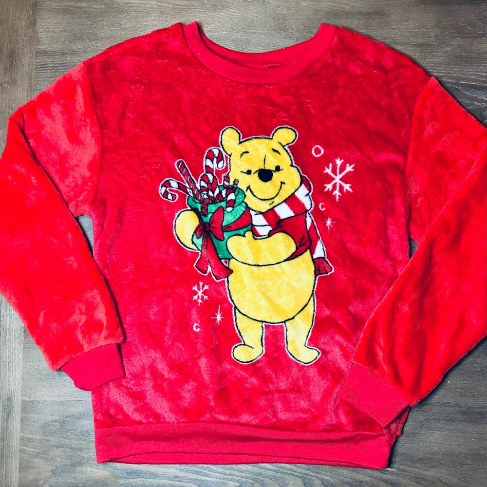 Disney Winnie the Pooh Red Fuzzy Holiday Christmas Sweater Girls M 7 9